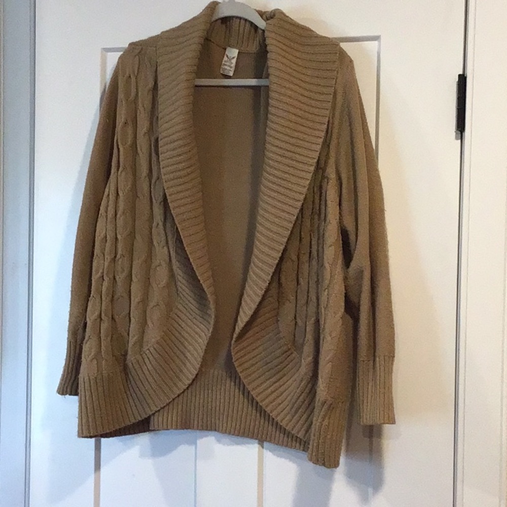 Tan sweater open- - no buttons